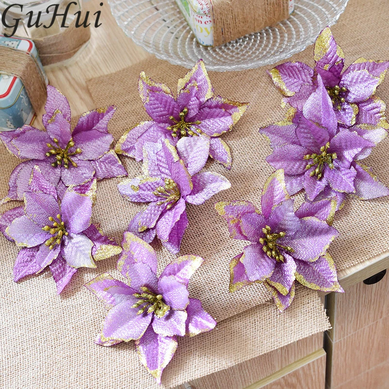 8pcs Colorful Artificial Flowers Christmas Tree Ornament Gold Silver Sticky Powder Flower New Year Home Party Hanging Prop Decor | Дом и сад