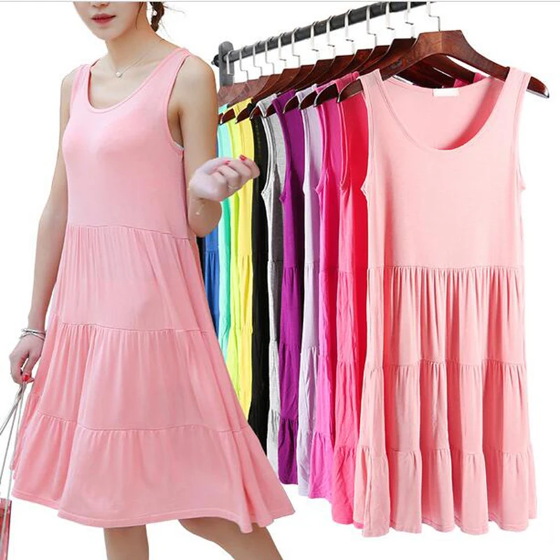 2017 летнее модное модальное платье без рукавов женское свободное с круглым