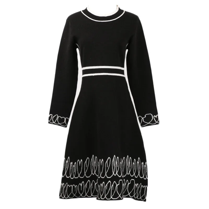 Knitted Winter Dress Women 2018 Long Sleeve Heart Print Yellow Sweater Knee-Length A Line Tunic New Year's Jurken | Женская одежда