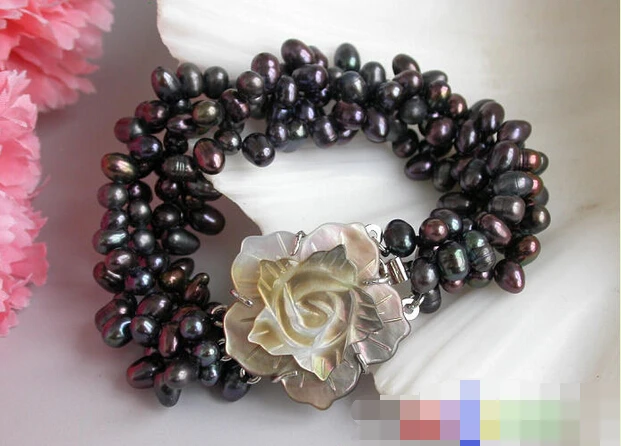 Лидер продаж-@ 012658 4 нити барокко черный рис пресноводный жемчуг браслет