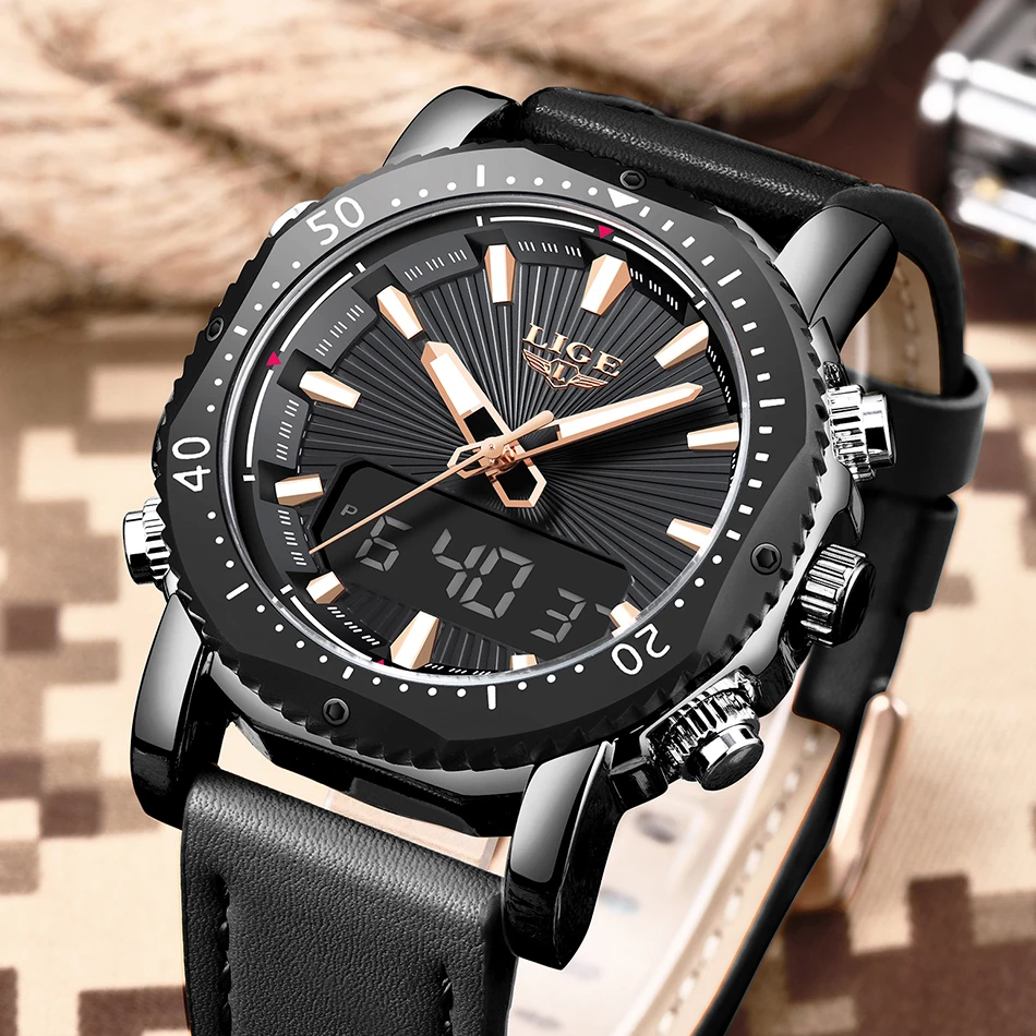 Mens Watches Top Luxury Brand Genuine Leather Sports LIGE Men's Quartz LED Digital Clock Waterproof Military Wrist Watch |