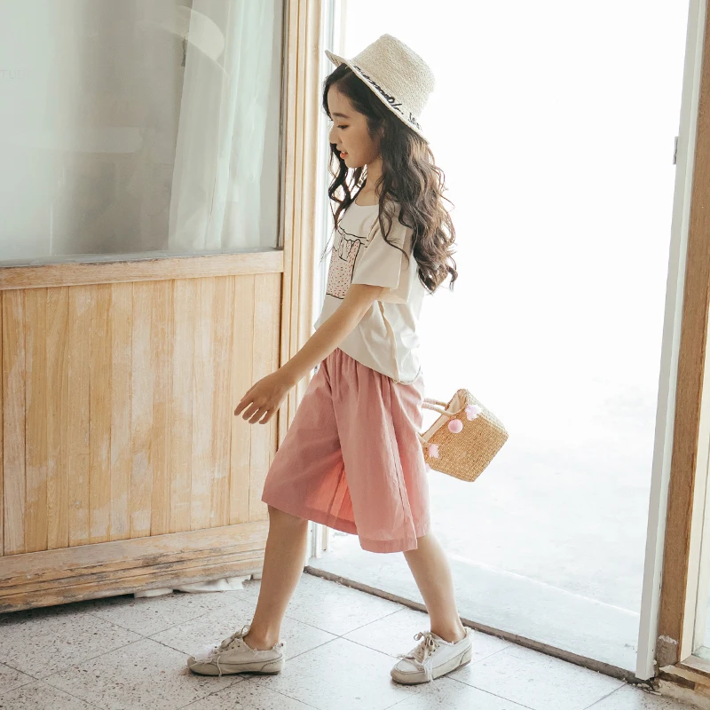 Girls 'Summer Suit 2019 New Fashion Large Children's Short Sleeve T Shirt Pink Wide Legs Pants Two Sets | Детская одежда и