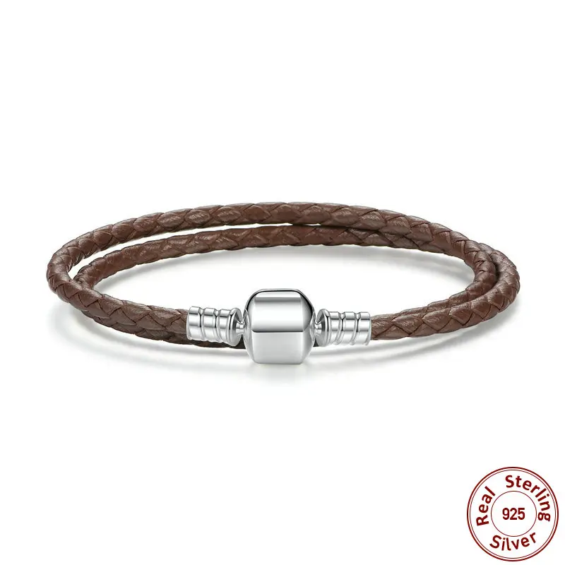 Brown 34cm 925 пробы, серебряный, натуральная кожа, длинная цепочка, регулируемый, Homme Femme, браслеты для женщин, со змеиным замком, ювелирное изделие, WEUS908 - Окраска металла: Brown 34cm