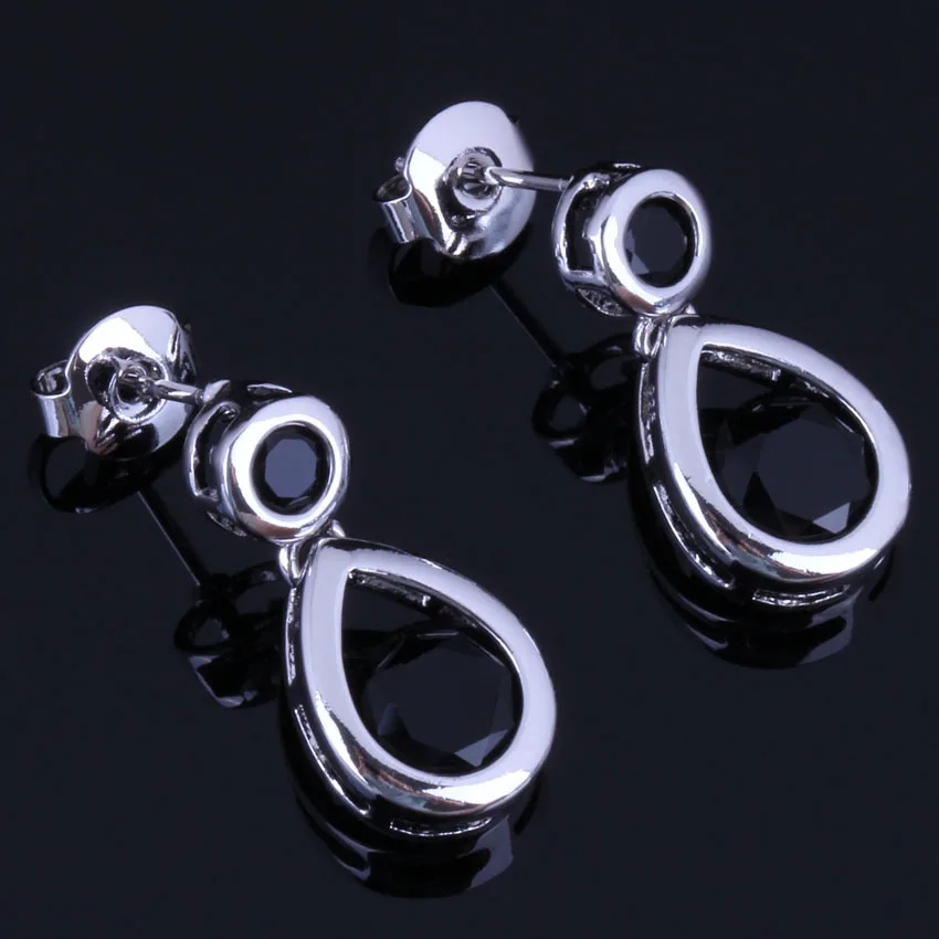 

Lovely Water Drop Black Cubic Zirconia Silver Plated Drop Dangle Earrings V1036