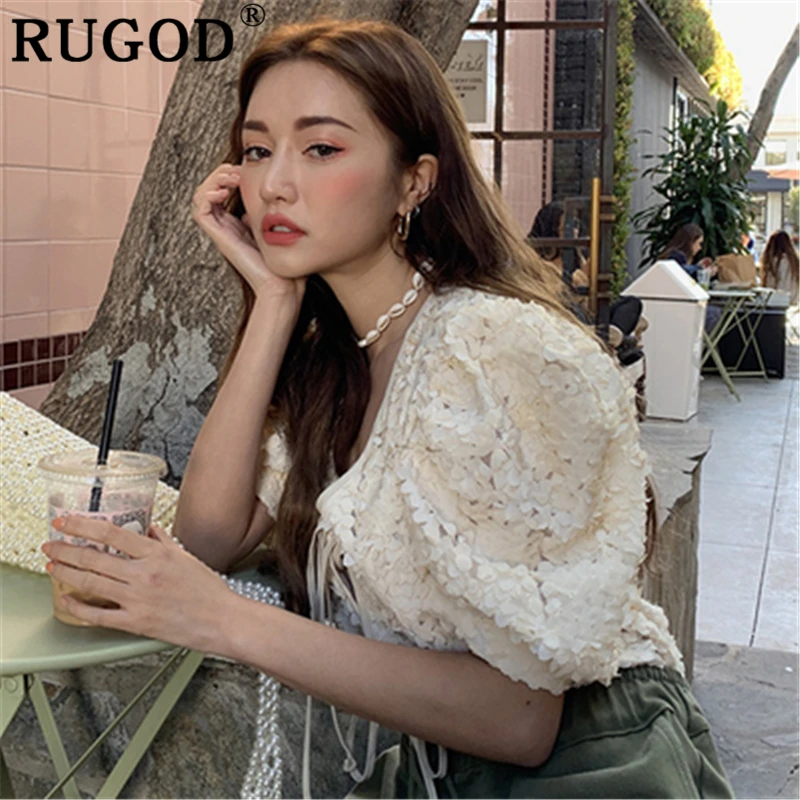 

RUGOD Korean puff sleeve women blouse Fashion lace up loose shirts office ladies Fashion V neck female clothing