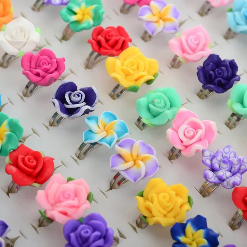Оптовая продажа 30 шт./лот Разноцветные Цветок из полимерной глины кольца для