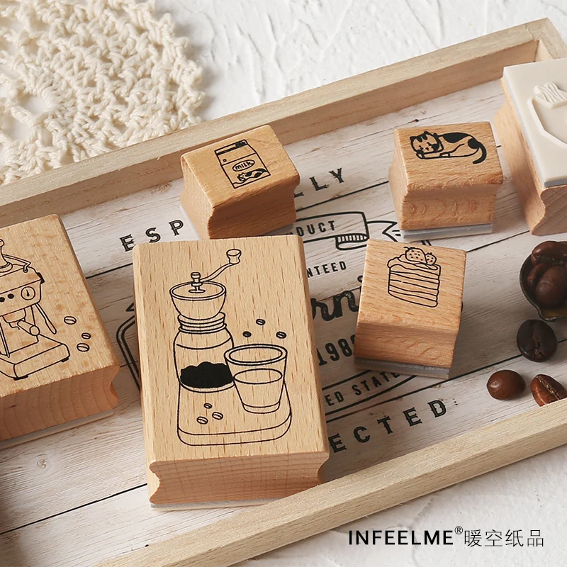 Кофейный набор 13 шт \ DIY креативный Милый Забавный штамп Деревянный уплотнитель дневник календарь скрапбук набор канцелярских принадлежностей для студентов