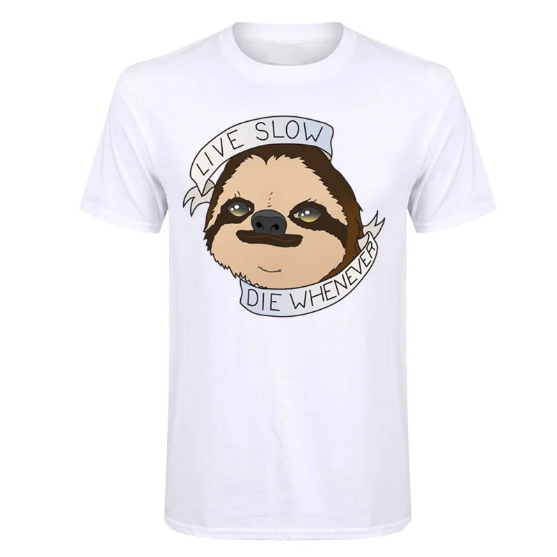 Lovely sloth t shirt men live slow die whenever letters printed t-shirt male Short Sleeve Fashion T-Shirt Novelty Cool Tee | Мужская