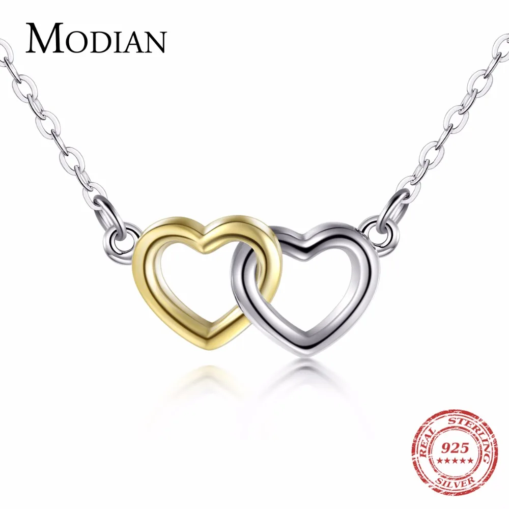 Modian, высокое качество, 925 пробы, серебро, двойные сердца, подвеска, ожерелье, золото и белый цвет, цепочка для женщин, свадебные украшения, подарок