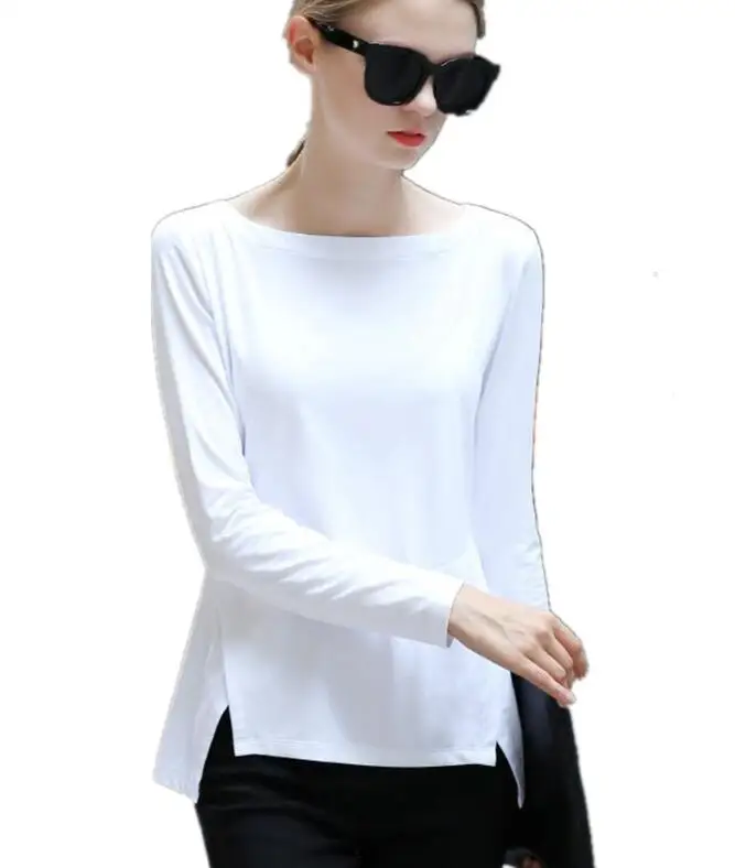 2016 лето с длинным рукавом футболка женщины сплошной цвет сторона сплит тонкий sexy
