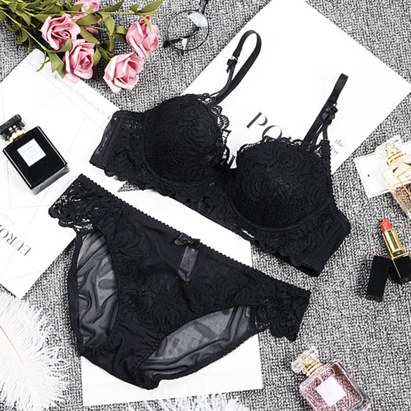 

Women Sexy Bra and Panties Thin Push Up Bra Set Breathable Transparent Underwear Lace Lingerie Set Plus Size Brassiere Black Red
