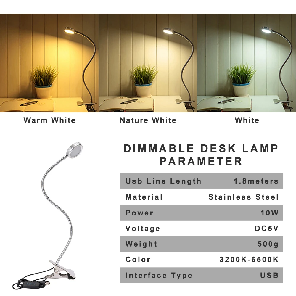 DC5V светодиодный Настольный светильник 10 Вт с регулируемой яркостью USB настольная лампа для чтения книг Lgiht портативные гибкие прикроватные лампы для спальни с переключателем
