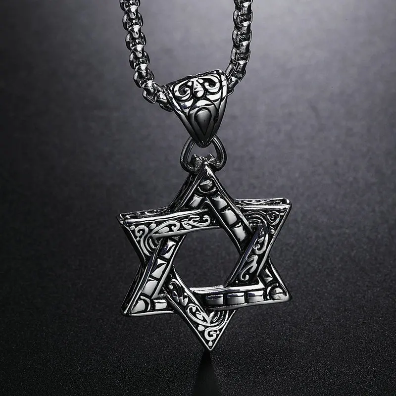 Amgj шесть еврей звезды гексаграмма кулон Цепочки и ожерелья Титан Сталь Панк