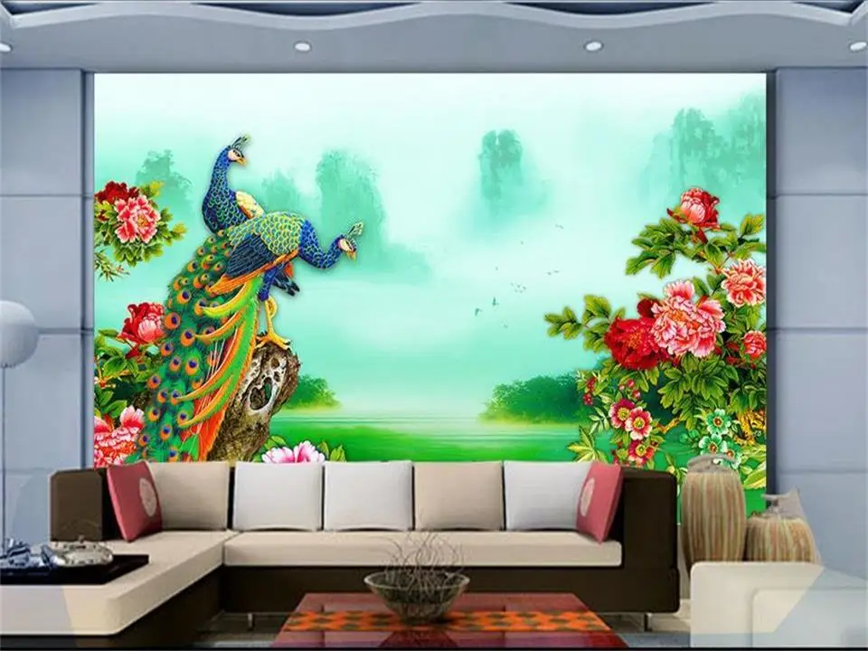 Настенные 3D обои на заказ для гостиной с изображением зеленого павлина цветов