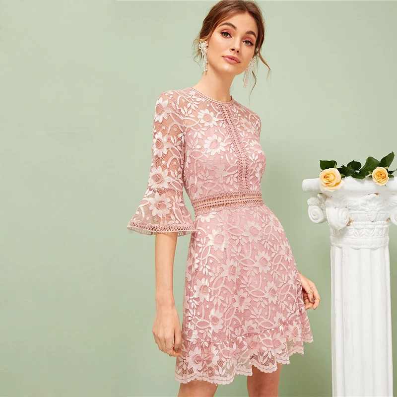 SHEIN, кружевное платье с рукавами-воланами, весенне-летнее платье, романтичное розовое однотонное эластичное ТРАПЕЦИЕВИДНОЕ ПЛАТЬЕ С Высокой Талией