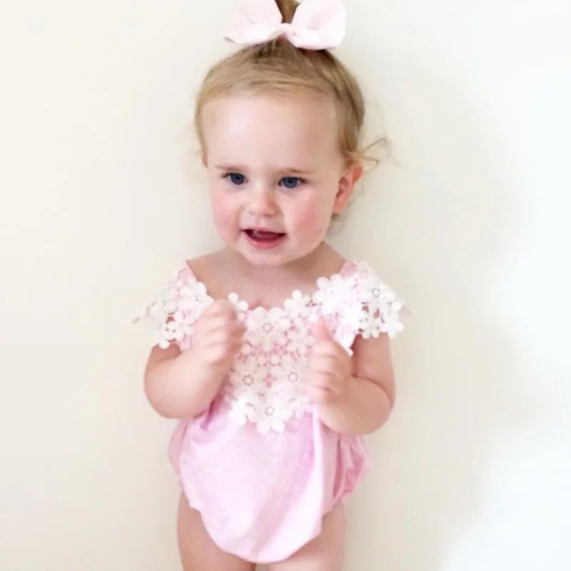 2017 Летом Новорожденных Девочек Детский Комбинезон Розовый Цвет Кружева Цветок