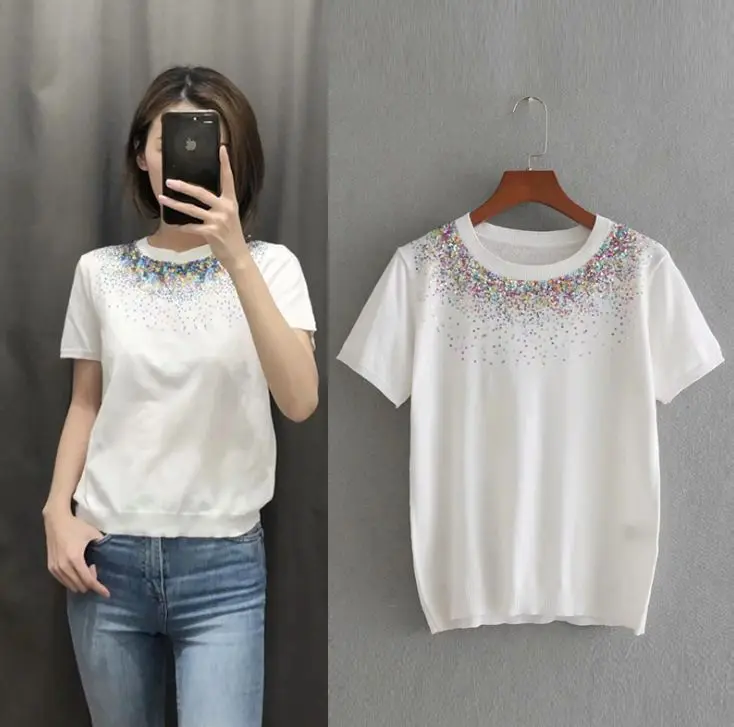 

HCBLESS 2019 summer new gradient sequined knit short-sleeved T-shirt wild women's shirt