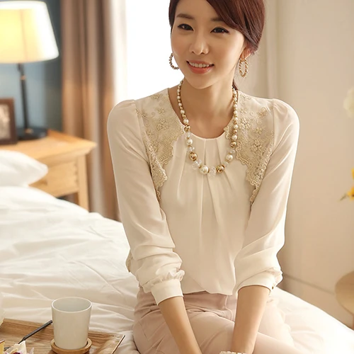 Женская модная летняя шифоновая кружевная Повседневная Блузка в Корейском