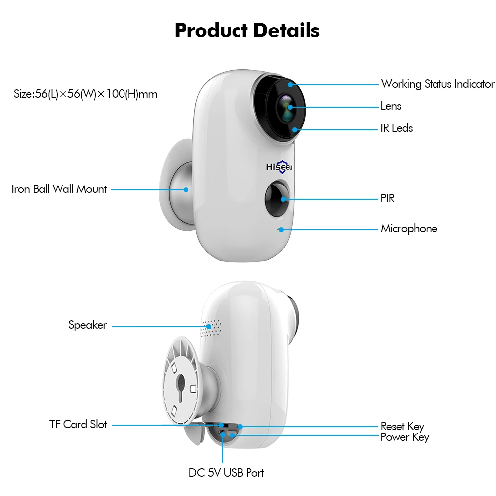 Беспроводная ip камера Hiseeu C10 перезаряжаемая батарея CCTV безопасности PIR
