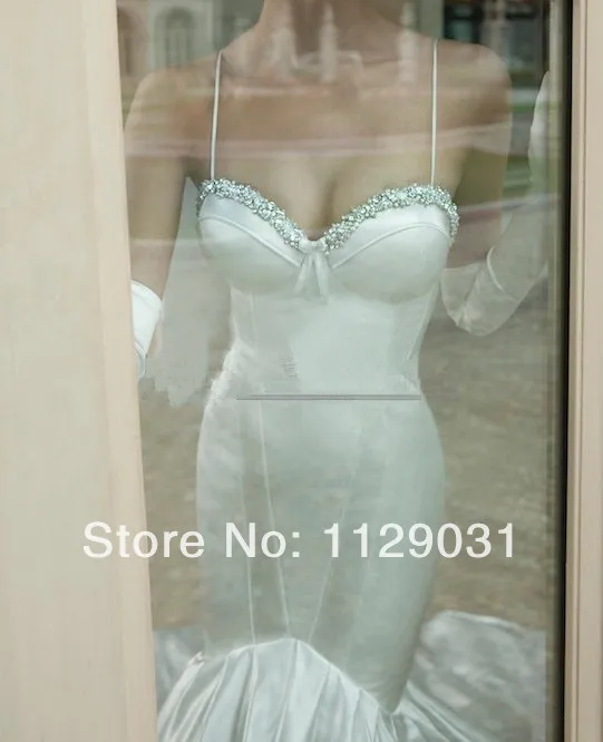 wholesale-New 2014 real sample custom sweetheart neckline with spaghetti straps duchess satin mermaid wedding dress cathedr | Свадьбы и
