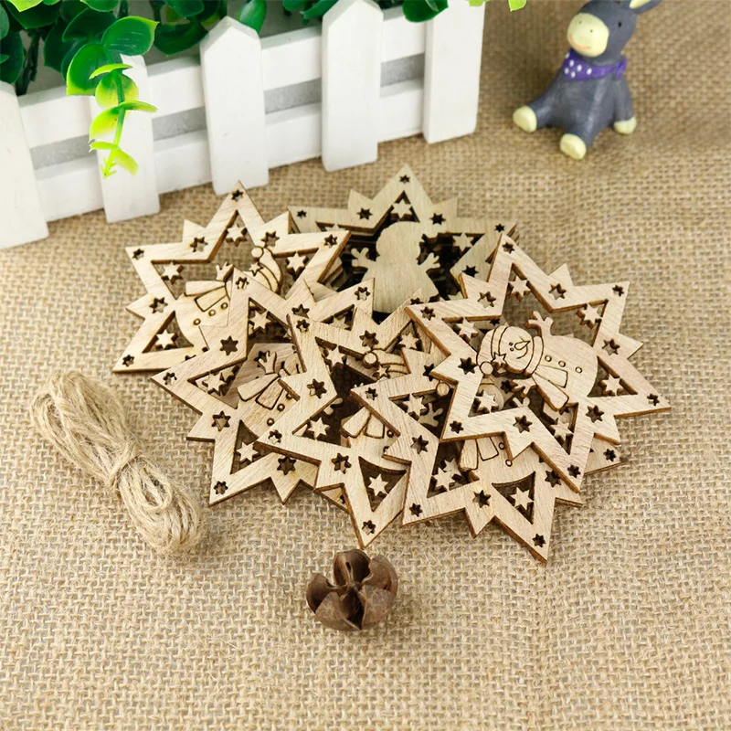 10PCS Snowman Star Wood Chips 7.5CM Chrismas Tree Pendent Decor Natural Wall Hanging Handmade Craft Wooden Accessories | Дом и сад