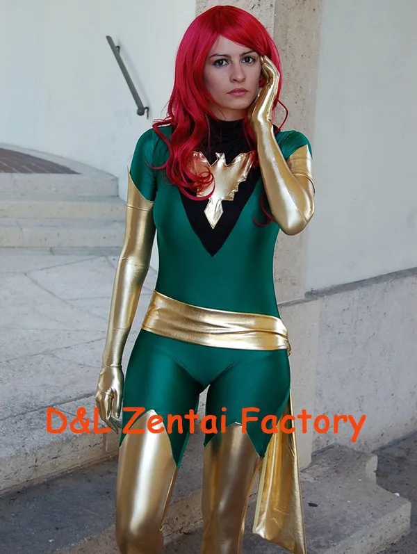 2015 костюм на Хэллоуин серый джинсовый Феникса X-Men лайкра зеленый и блестящий