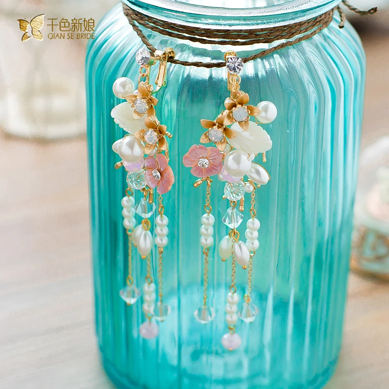 Модные длинные серьги Клип Кристалл Rhinestone Цветочный жемчуг девушка ювелирные