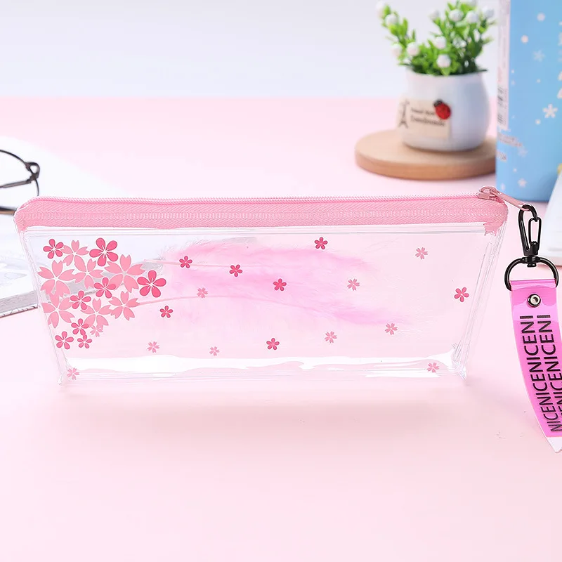 Милый розовый пенал с перьями и цветком Kawaii прозрачный школьный sakura школьные