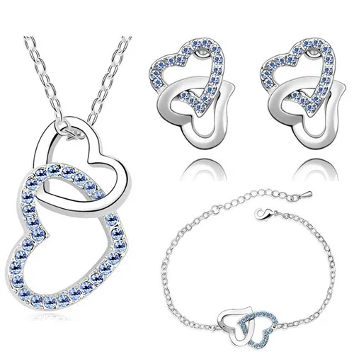 brand wedding Free Shipping Czech Crystal rhinestones Double Heart necklace bracelet earrings fashion Jewelry Sets accessories | Украшения