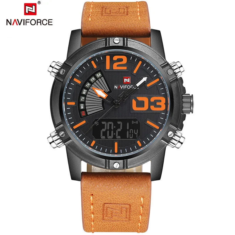 black orange NAVIFORCE часы мужские роскошные брендовые кварцевые аналоговые цифровые кожаные часы мужские спортивные часы армейские военные часы Relogio Masculino - Цвет: black orange