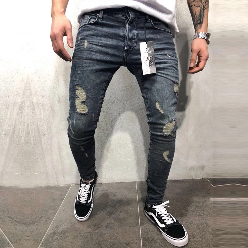 Mens Side Zipper Punk Biker Jeans Ripped Blue Skinny Slim Denim Distressed Washed Hip Hop Long Trousers Pants | Мужская одежда
