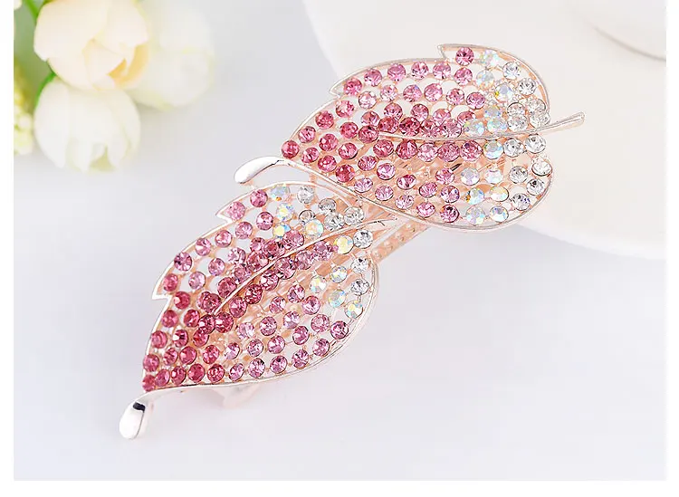 pink EASYA Высокое качество Полный Кристалл Шпилька для волос в виде листа Hairwear ювелирные с золотым оттенком металлические стразы листья заколки для волос - Окраска металла: pink