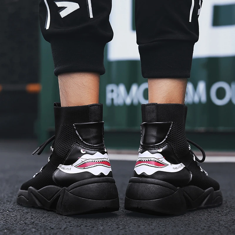 LUONTNOR ретро высокие Для мужчин кроссовки 2018 осень спортивные с рисунком акулы