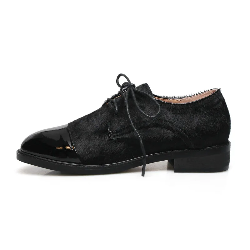 black with shoe box Женская обувь из натуральной кожи на плоской подошве; коллекция года; сезон весна; Повседневная обувь; большие размеры 33-42; Туфли-оксфорды; женская обувь на плоской подошве с принтом конского волоса и обувной коробкой - Цвет: black with shoe box