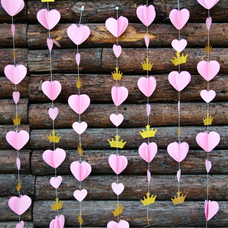 Золотой Розовый 3D сердце Корона из бумаги Гирлянда для девочки душ королева