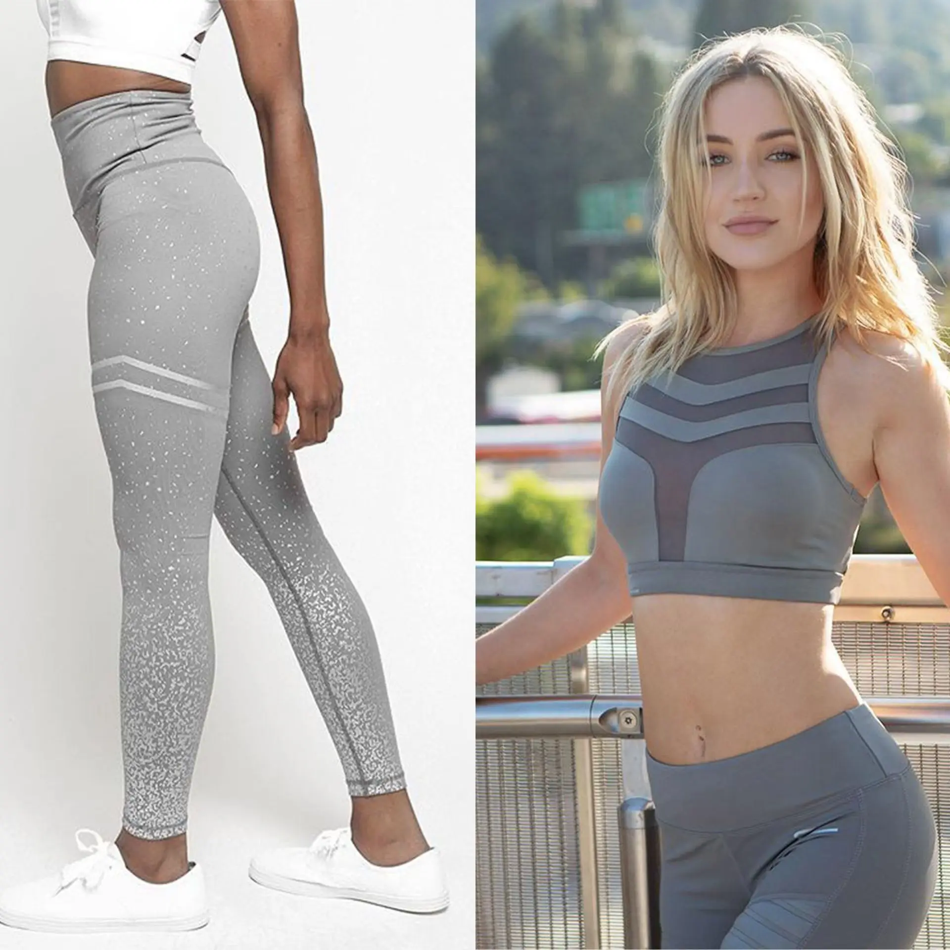 gray suit 2pcs Леггинсы для фитнеса с высокой талией, женские леггинсы с золотым принтом для тренировок, женская спортивная одежда, леггинсы для фитнеса, штаны для фитнеса, розовые - Цвет: gray suit 2pcs
