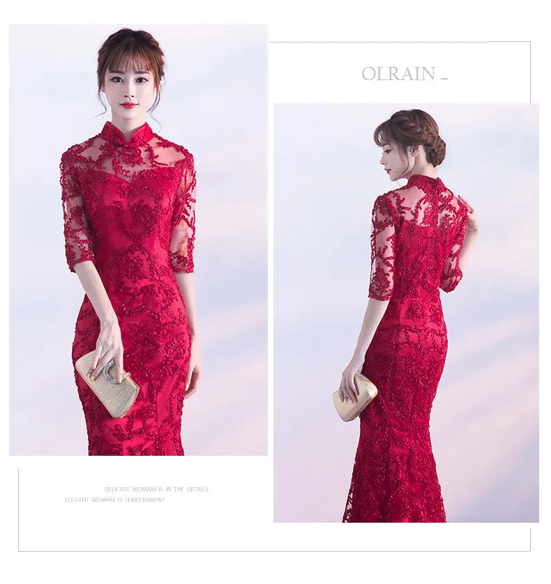 Кружева Cheongsam сексуальное длинное Qipao красное свадебное платье русалки Женские китайские традиционные платья Женская Роба в восточном стиле с кружевным воротником