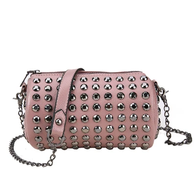 pink BENVICHED Лето новые заклепки цепи цилиндры женские сумки мини сумки через плечо Маленькие Цилиндрические сумки c013 - Цвет: pink