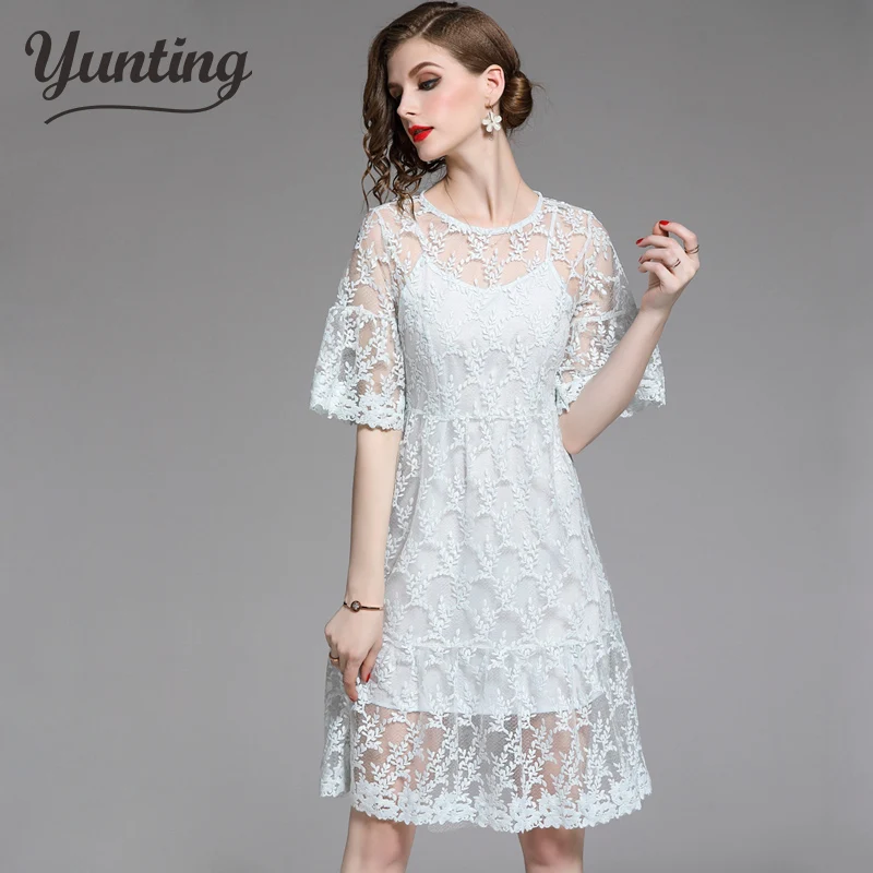 

2021High Quality Luxury Runway Womens Mesh Embroidery Dresses Summer Half sleeve Dress Vestidos