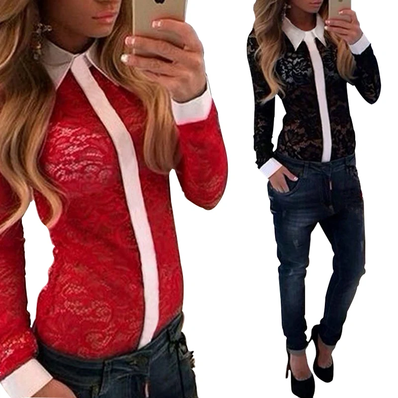 New Sexy Fashion Womens Lace stitching Loose Chiffon Shirt Button Tops Long Sleeve Casual Blouse Q1804 |