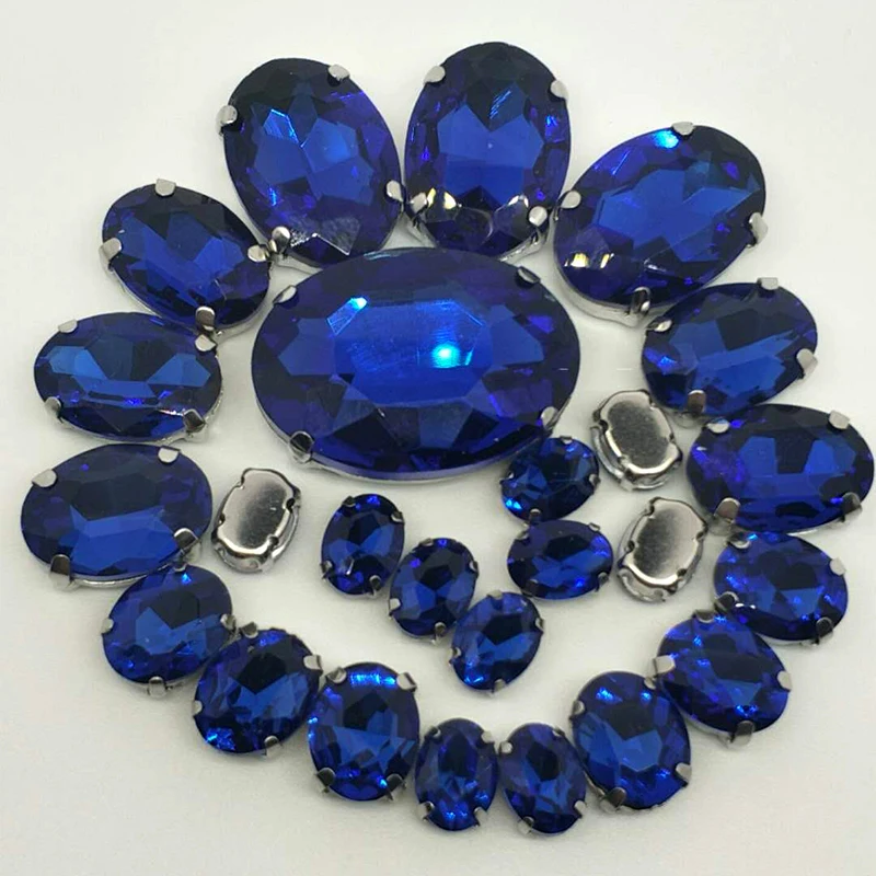 

NEW!!! MIX Sapphire blue OVAL Size Crystal Glass Sew-on Rhinestones Silver Bottom DIY Women's Dresses and shoes BAG 30pcs 5SIZES
