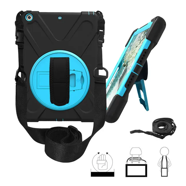 light blue and black Для iPad 9,7 A1893 A1954 планшет дети Безопасный противоударный сверхмощный силиконовый+ PC Kickstand чехол с запястье+ плечевой ремень - Цвет: light blue and black
