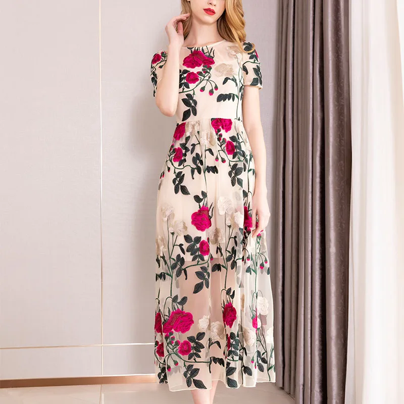Embroidery Floral Print Long Swing Dress Summer High Quality Ladies Dresses Formal Women Elegant Mesh Holiday Birthday sukienka | Женская