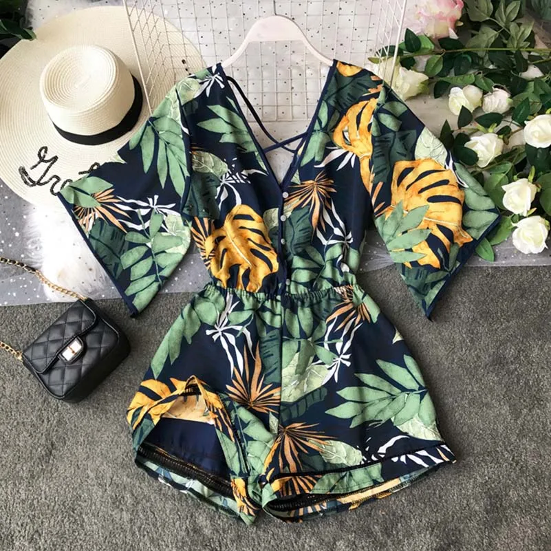 Boho короткий женский комбинезон, пляжный, v-образный вырез, открытая спина, Корейская Сексуальная Шифоновая туника с цветочным принтом размера плюс, летние женские комбинезоны, комбинезоны