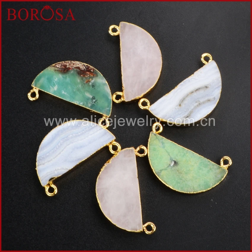 

BOROSA Gold Color Half Moon Natural Multi-Kind Stones Connector Double Bails DIY Necklace Jewelry Making G1025