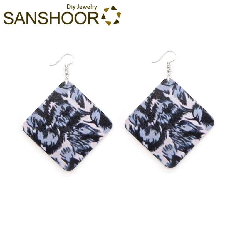 SANSHOOR Afro Square Wooden Drop Earrings With African Animal Skin Pattern Tribe Ethnic Jewelry As Women Christmas Gift 6Pairs | Украшения
