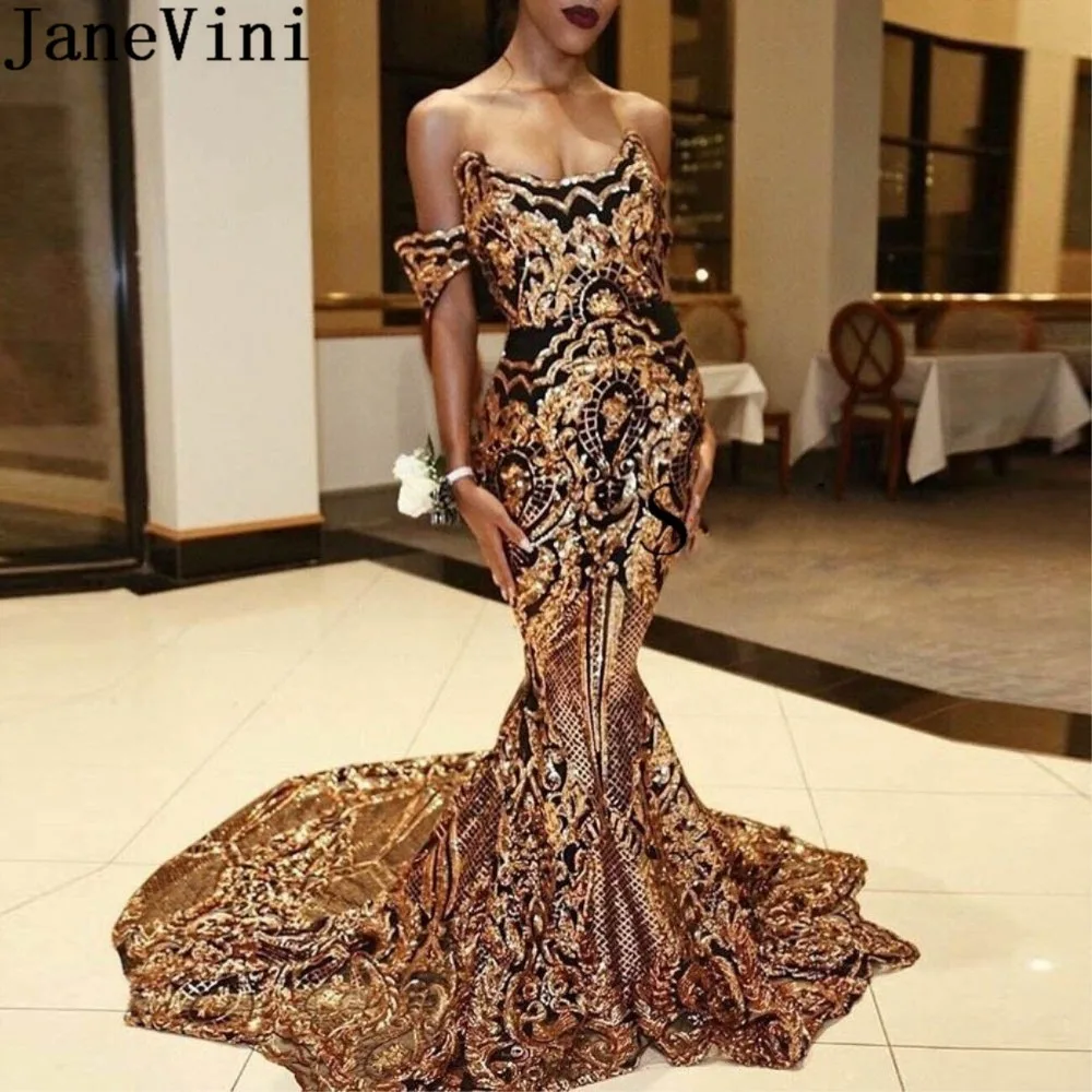 JaneVini African Black and Gold Mermaid Prom Dresses 2019 Long Off Shoulder Women Sequined Evening Gowns vestido baile gala 2020 | Свадьбы и