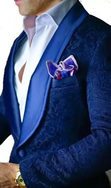 

Custom Made One Button Blue Paisley Groom Tuxedos Shawl Lapel Groomsmen Mens Wedding Suits Blazers (Jacket+Pants+Tie) W:522