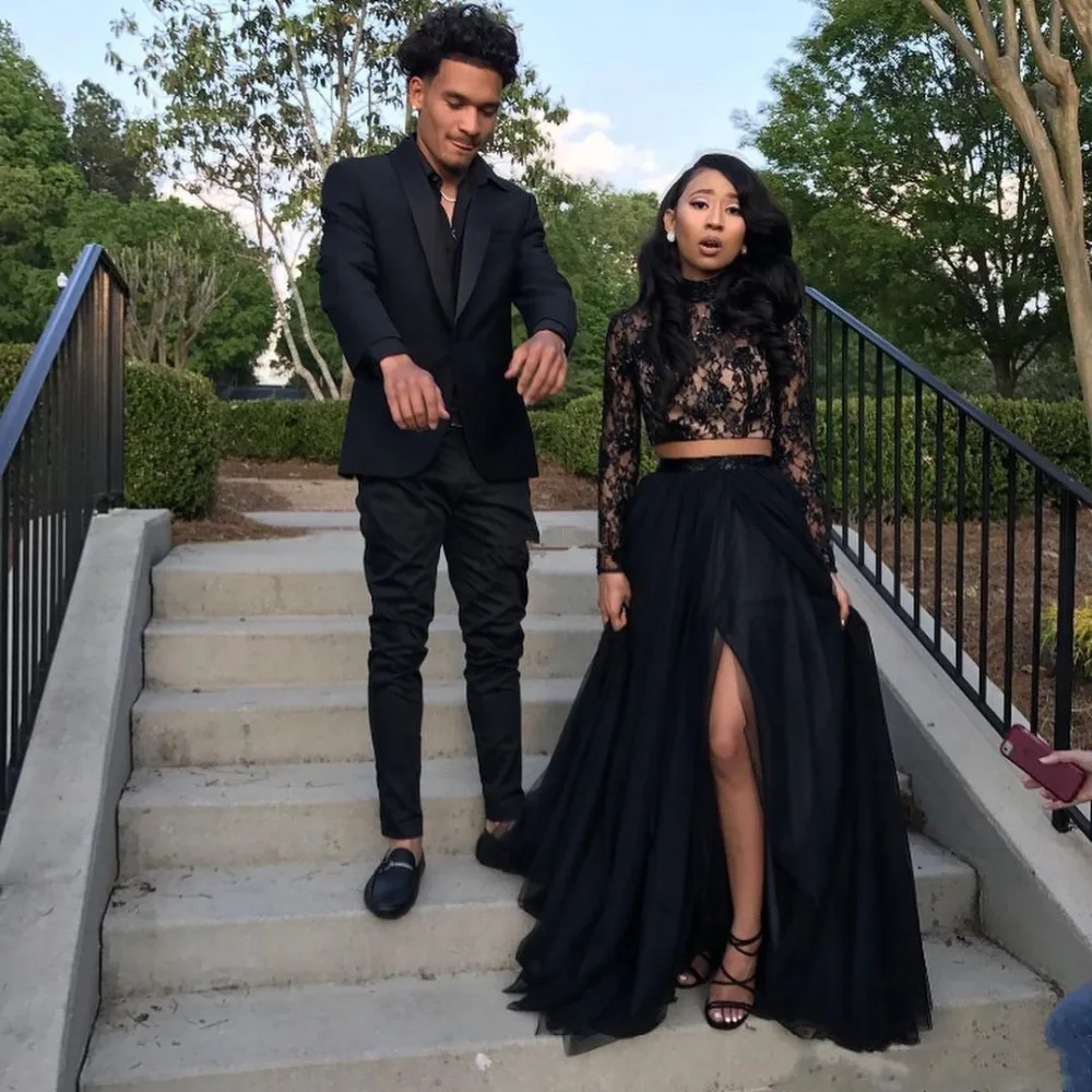

Prom Dresses Formal Evening Party Pageant Gowns African Two Pieces Long Sleeve High Neck Dubai Arbic Cheap Black Girl Couple Day