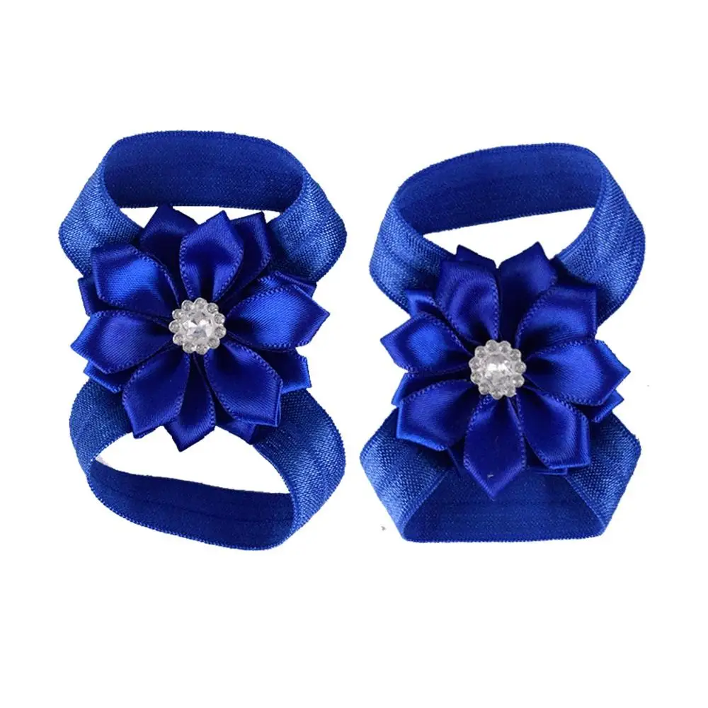 Royal blue Детские Босиком сандалии с лентой цветок новорожденных сандалии Крещение обувь для маленьких девочек реквизит для фотографий на день рождения обувь новорожденных до 12 м - Цвет: Royal blue